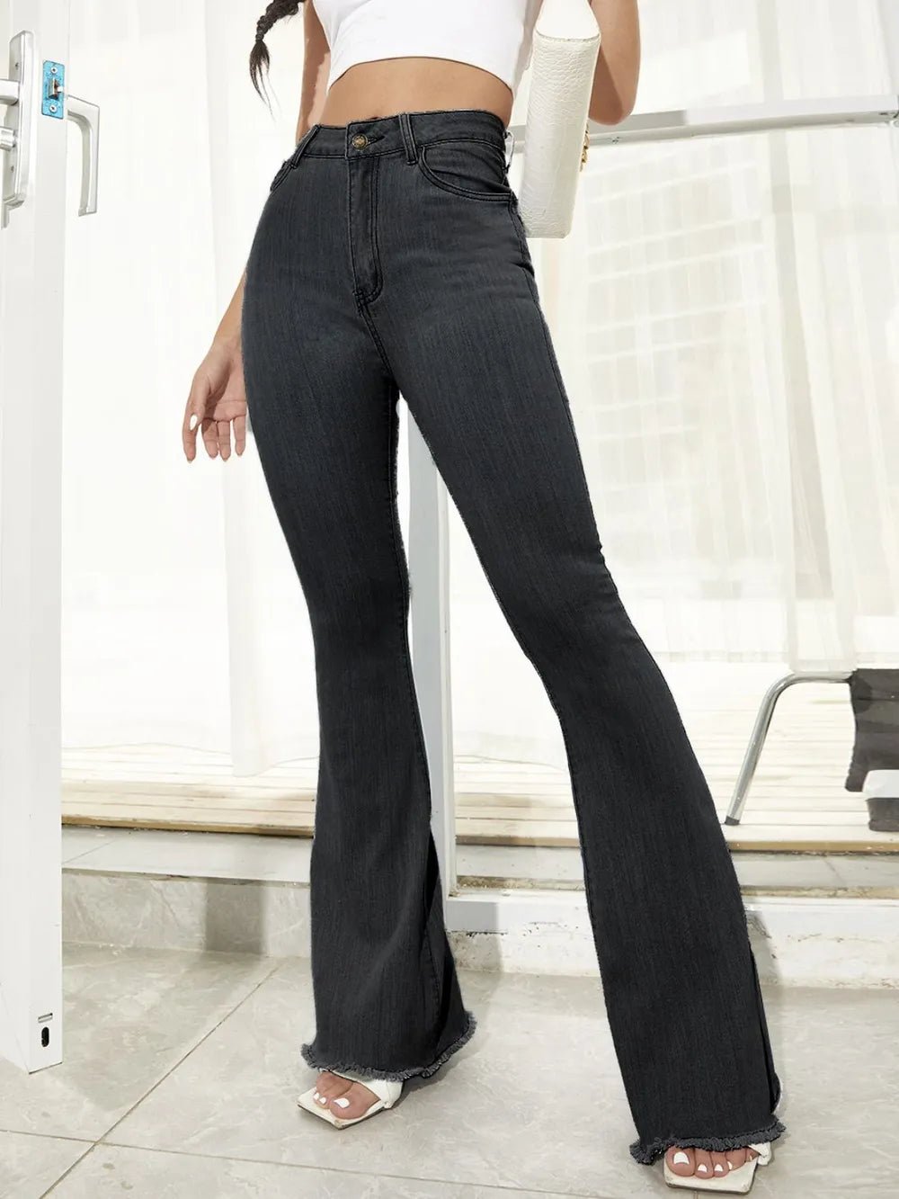 Raw Hem High Waist Flare Jeans - Ramm Clothing Ink