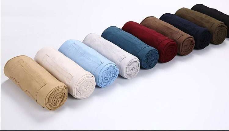 Rolled Slim Four Seasons Men's Work Pants in various colors, featuring plain pattern and cotton fabric.