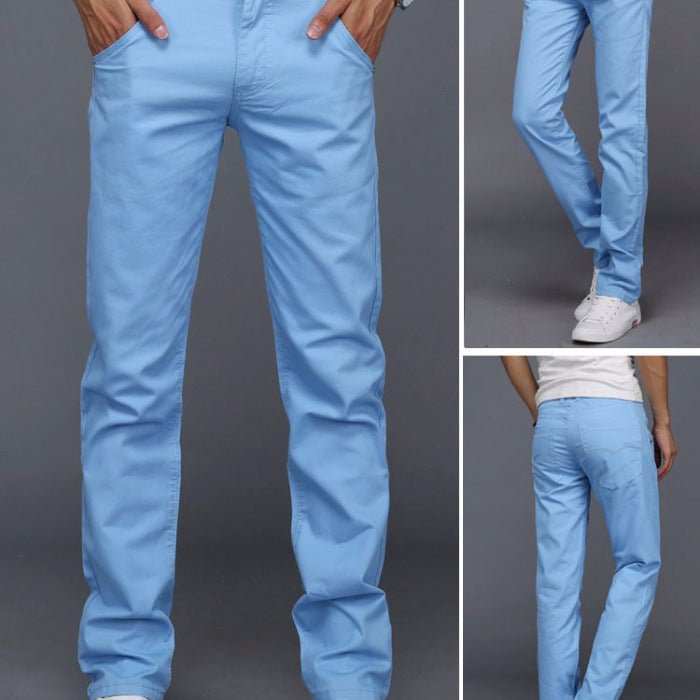 Slim Four Seasons Men's Work Pants in light blue, straight type, mid-waist, plain cotton fabric with zipper closure.