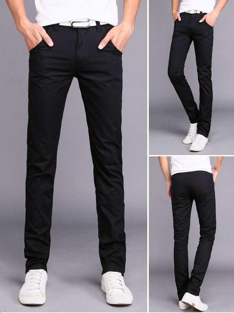 Slim black cotton men's work pants with straight-cut design and mid-waist, suitable for casual wear.