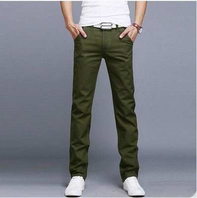 Slim four seasons men's work pants in olive green, straight cut, mid-waist, zipper placket.