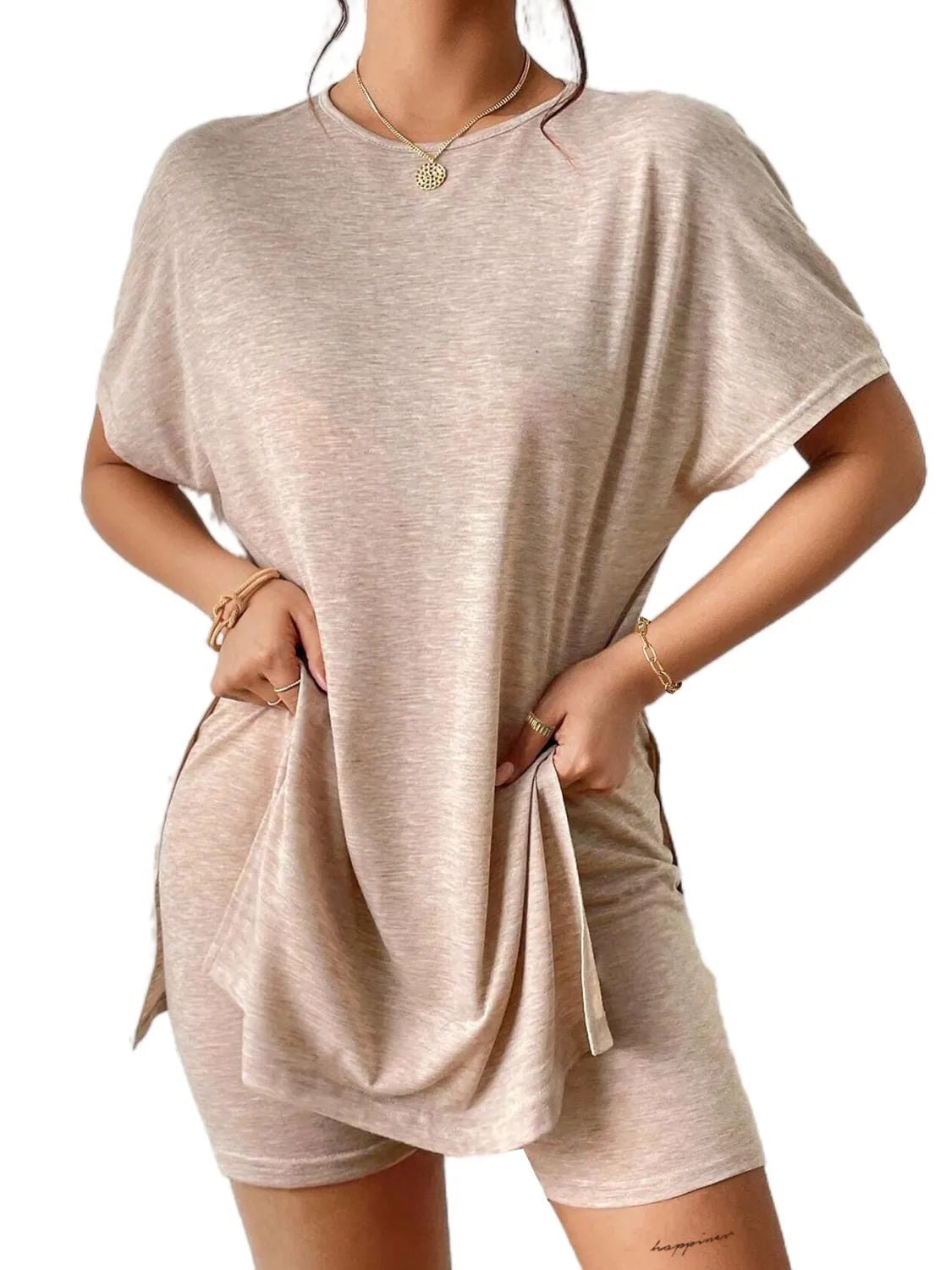 Slit Round Neck Short Sleeve Oversized Top and Shorts Set - Ramm Clothing Ink