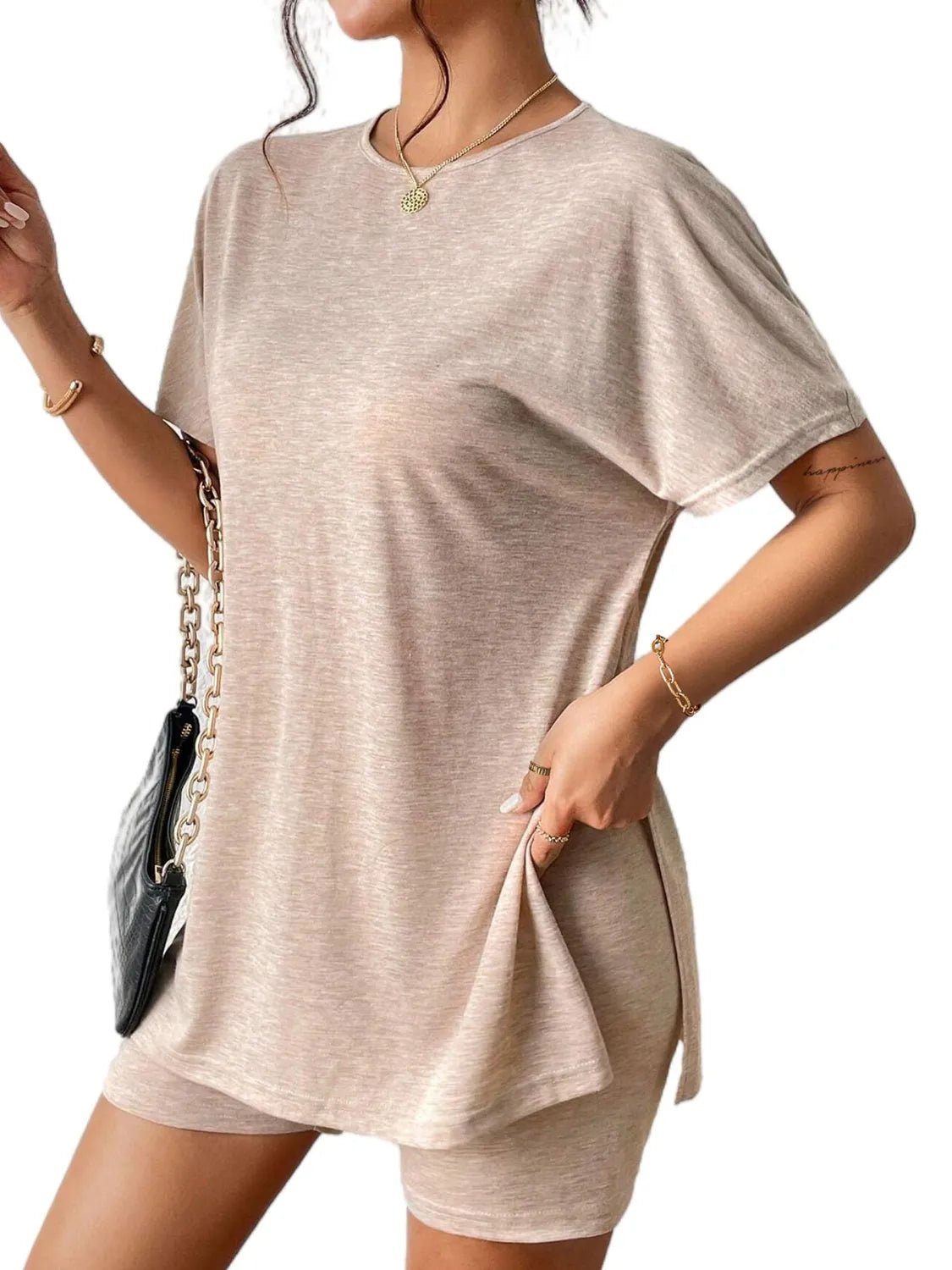 Slit Round Neck Short Sleeve Oversized Top and Shorts Set - Ramm Clothing Ink