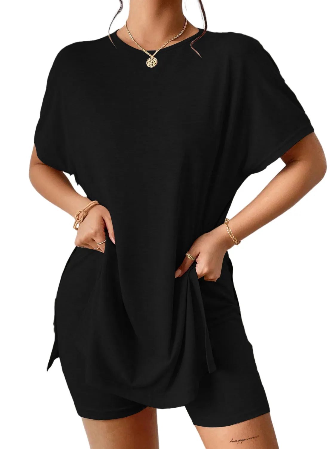 Slit Round Neck Short Sleeve Oversized Top and Shorts Set - Ramm Clothing Ink