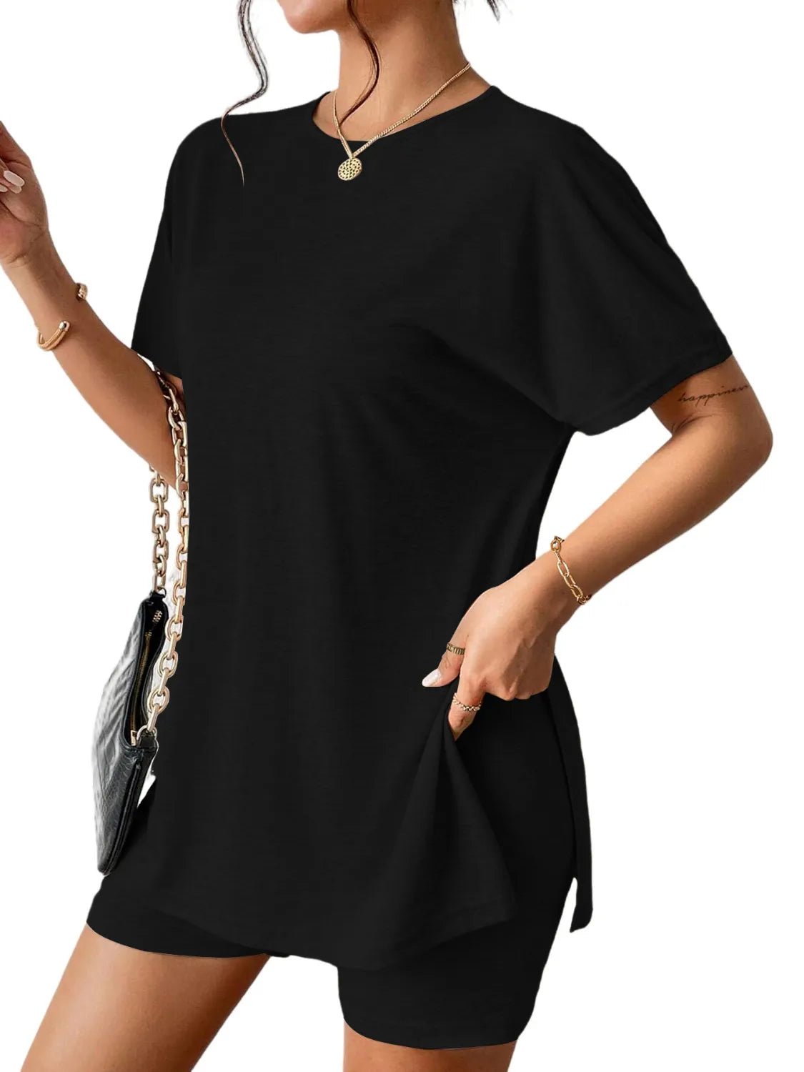 Slit Round Neck Short Sleeve Oversized Top and Shorts Set - Ramm Clothing Ink