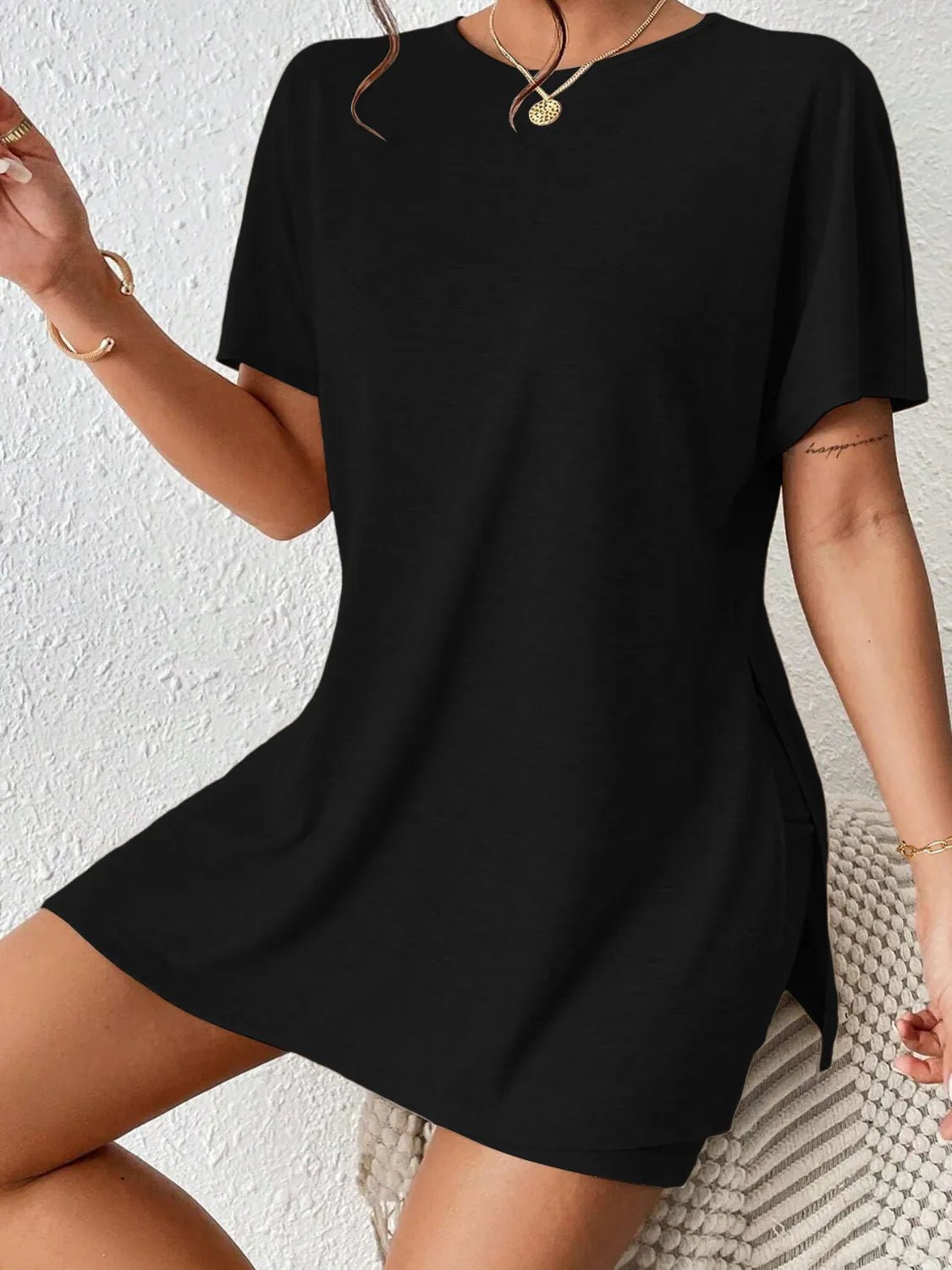 Slit Round Neck Short Sleeve Oversized Top and Shorts Set - Ramm Clothing Ink