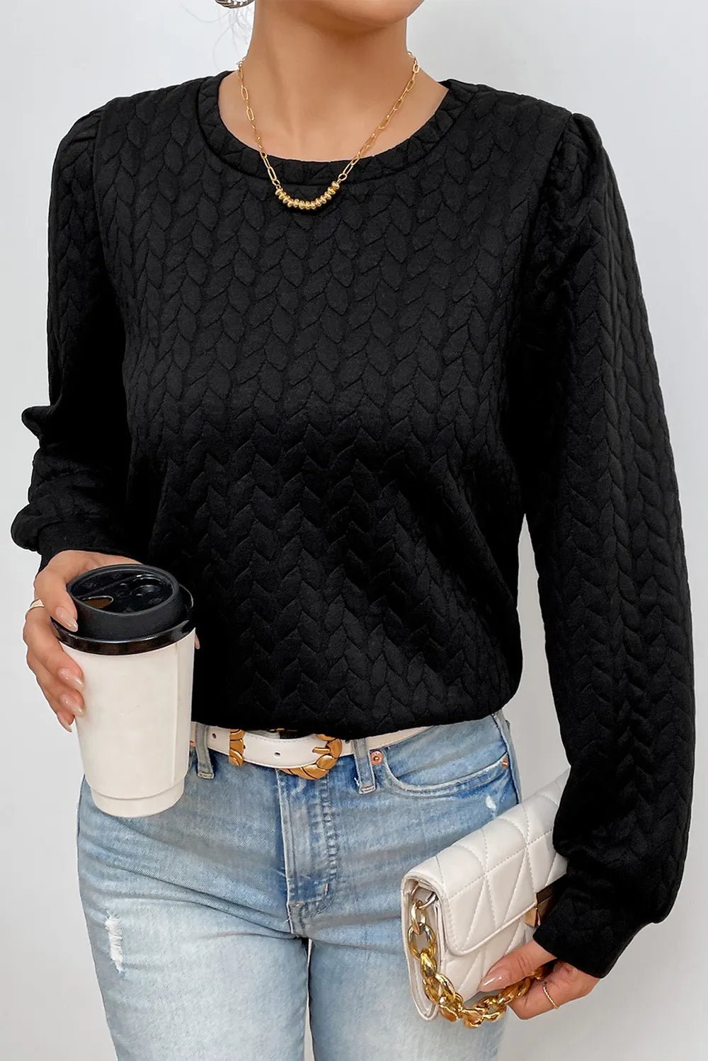 Texture Round Neck Long Sleeve Sweatshirt - Ramm Clothing Ink
