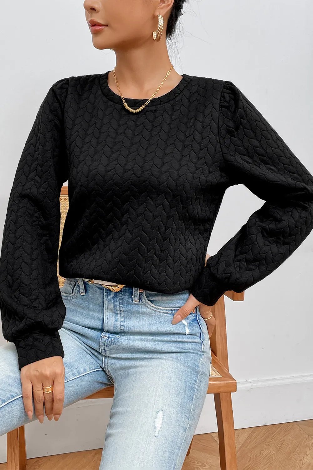Texture Round Neck Long Sleeve Sweatshirt - Ramm Clothing Ink