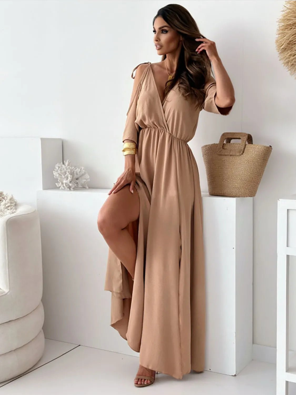 Tied Shoulder Slit Maxi Dress - Ramm Clothing Ink