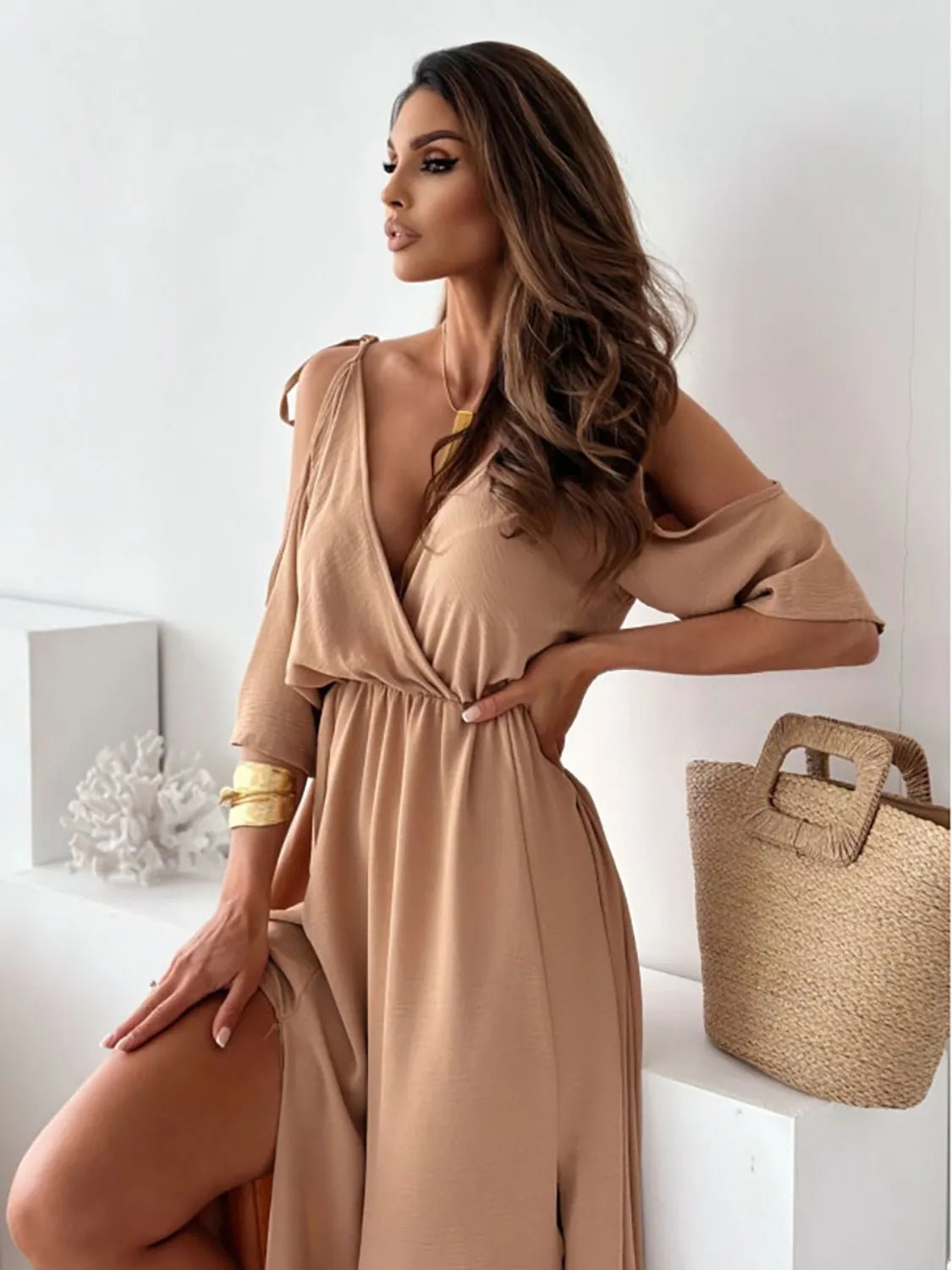 Tied Shoulder Slit Maxi Dress - Ramm Clothing Ink