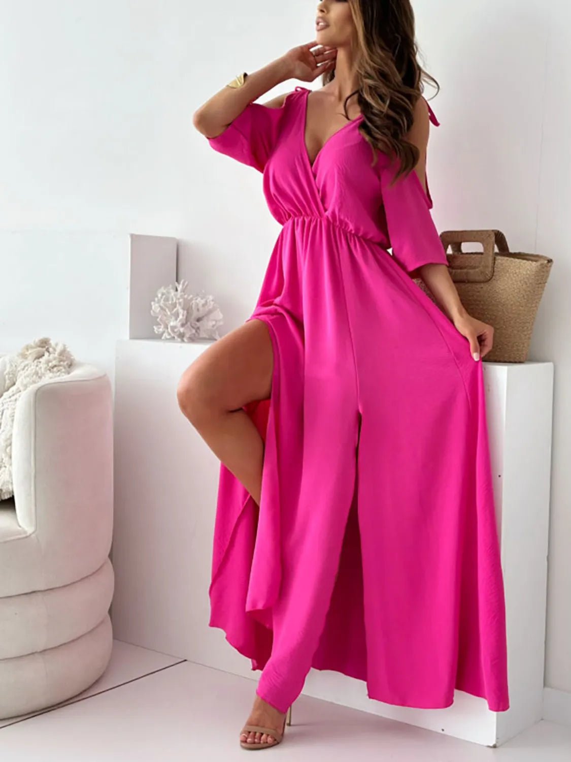 Tied Shoulder Slit Maxi Dress - Ramm Clothing Ink