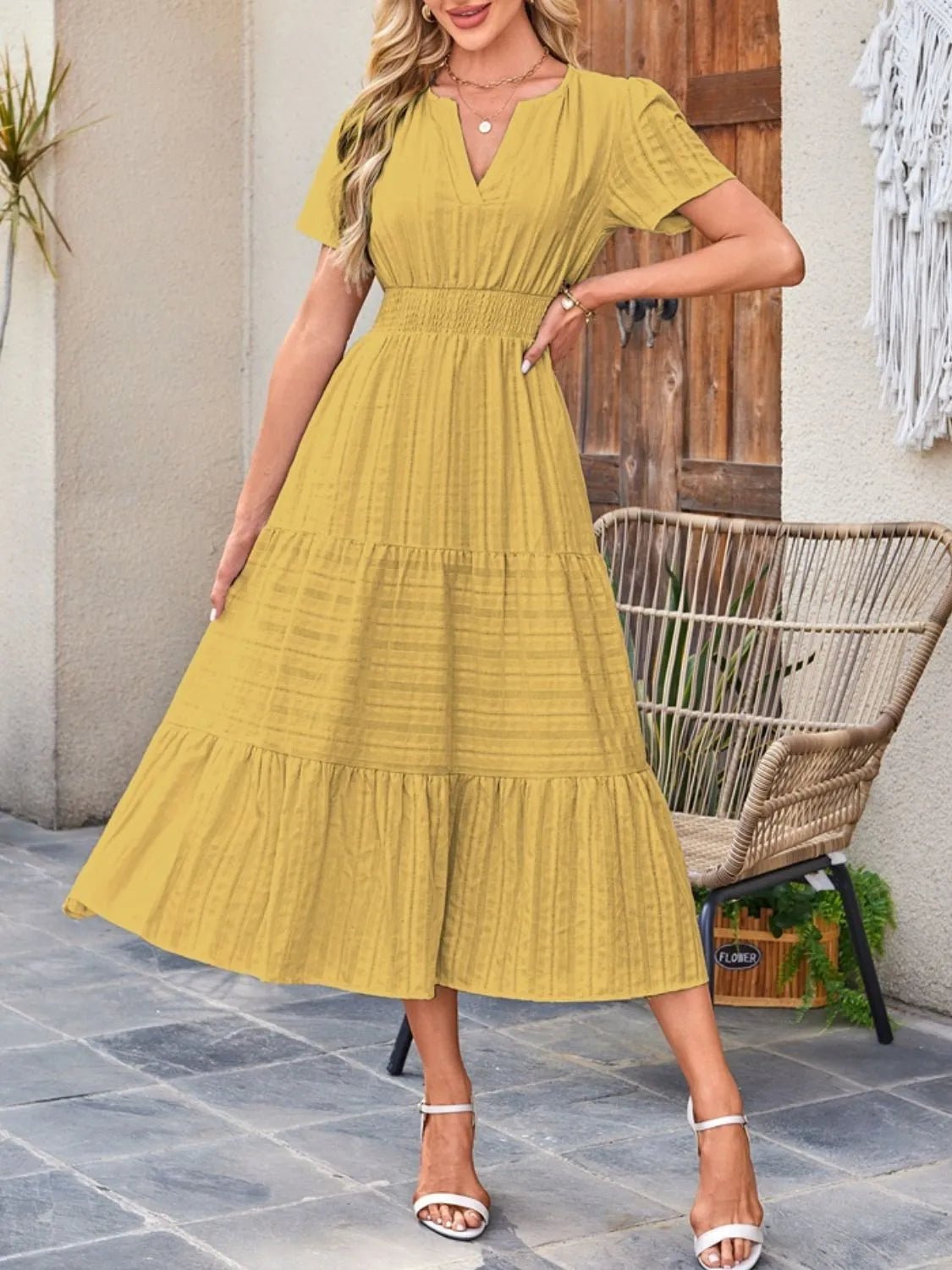 Tiered Notched Short Sleeve Dress - Ramm Clothing Ink