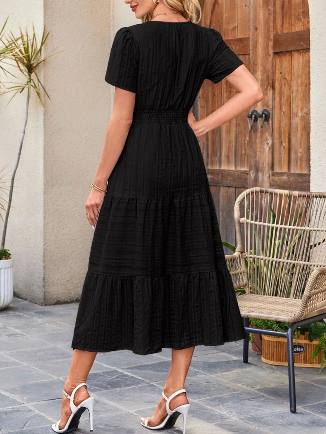 Tiered Notched Short Sleeve Dress - Ramm Clothing Ink