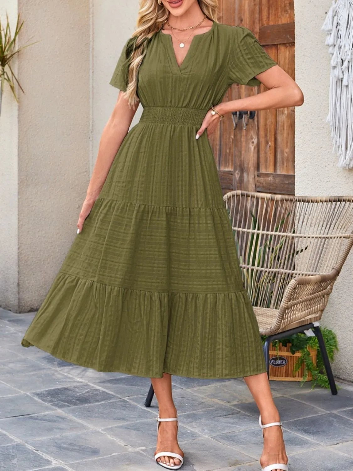Tiered Notched Short Sleeve Dress - Ramm Clothing Ink