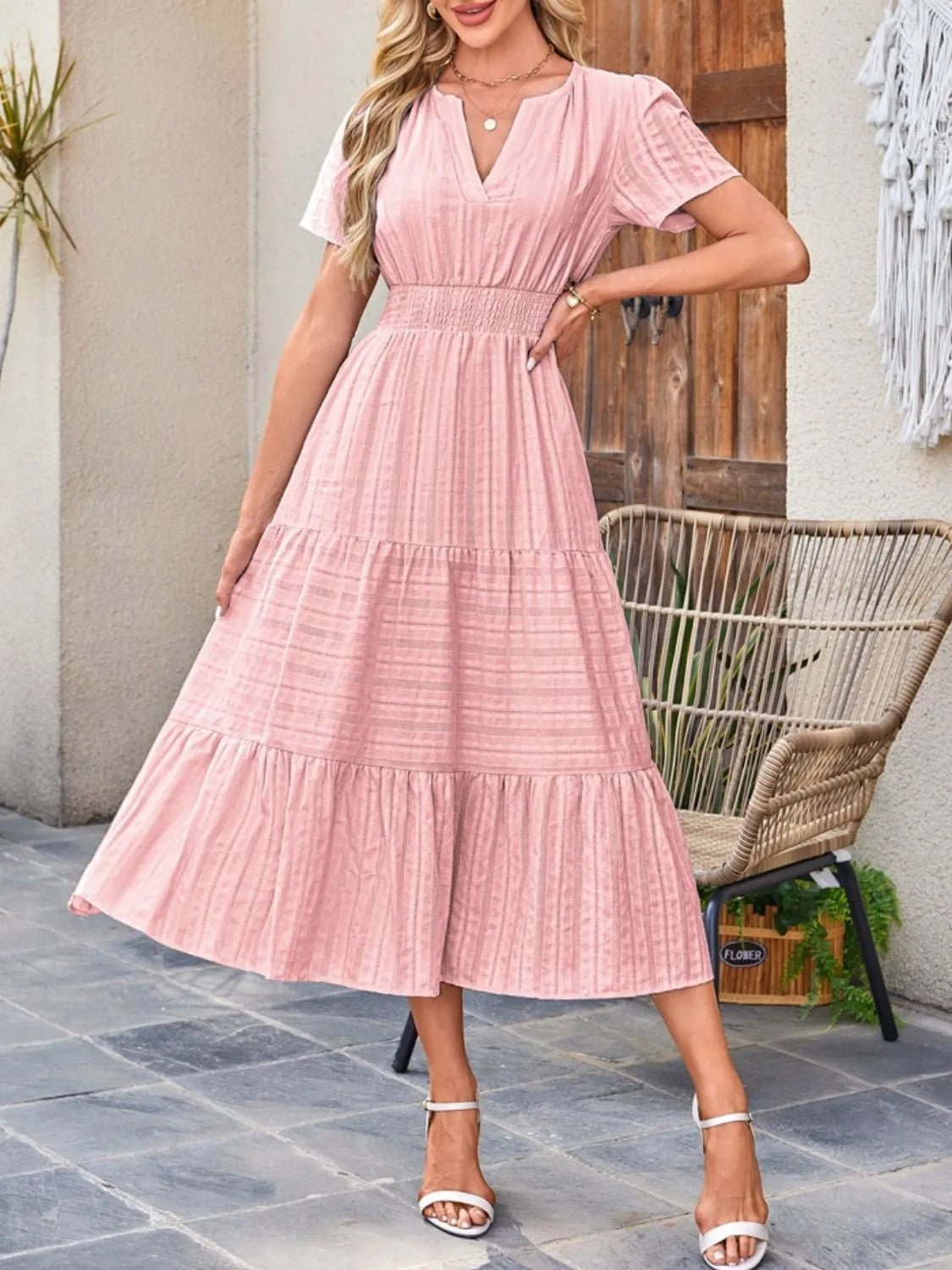 Tiered Notched Short Sleeve Dress - Ramm Clothing Ink