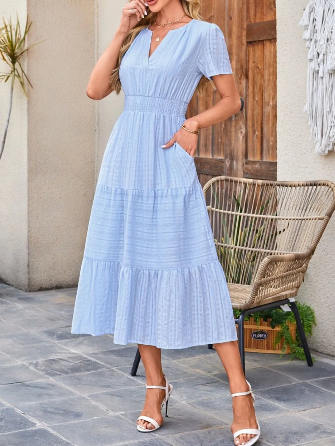 Tiered Notched Short Sleeve Dress - Ramm Clothing Ink