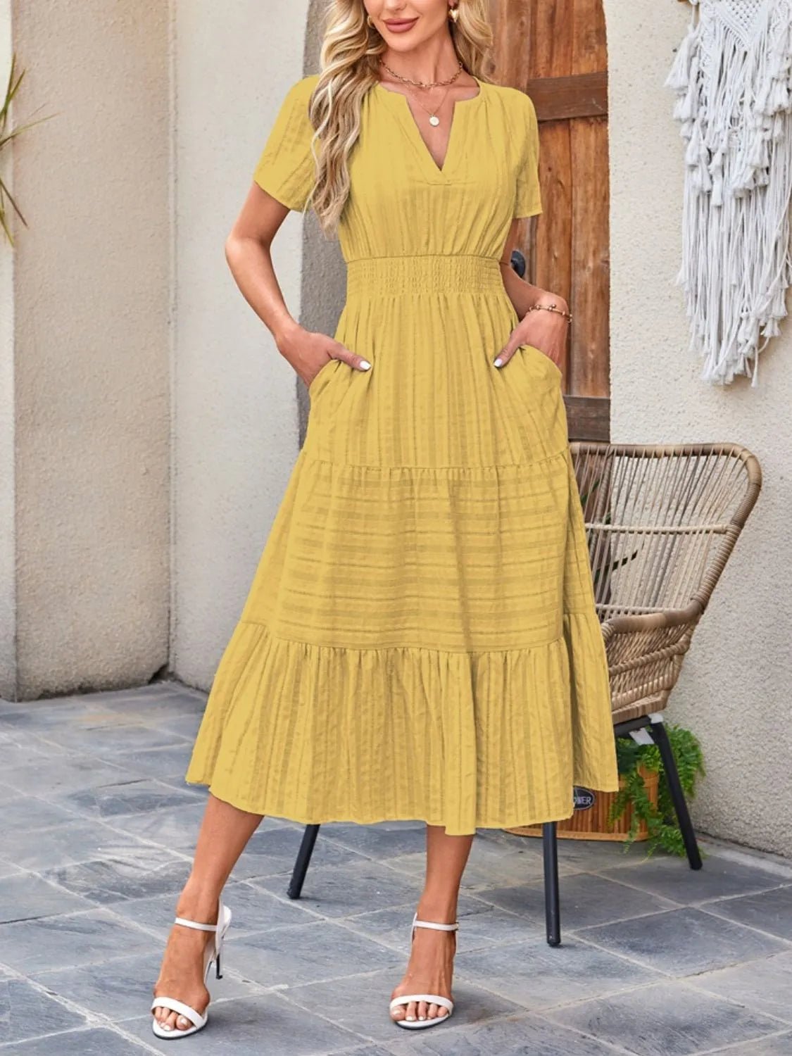 Tiered Notched Short Sleeve Dress - Ramm Clothing Ink