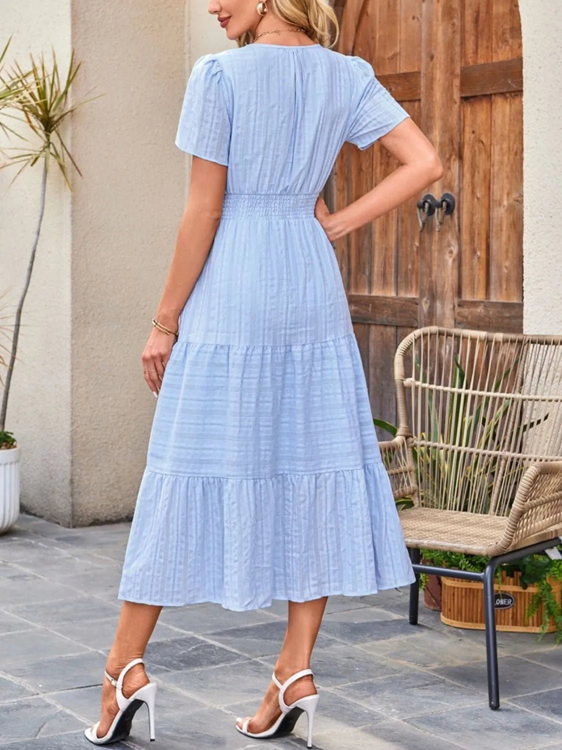 Tiered Notched Short Sleeve Dress - Ramm Clothing Ink