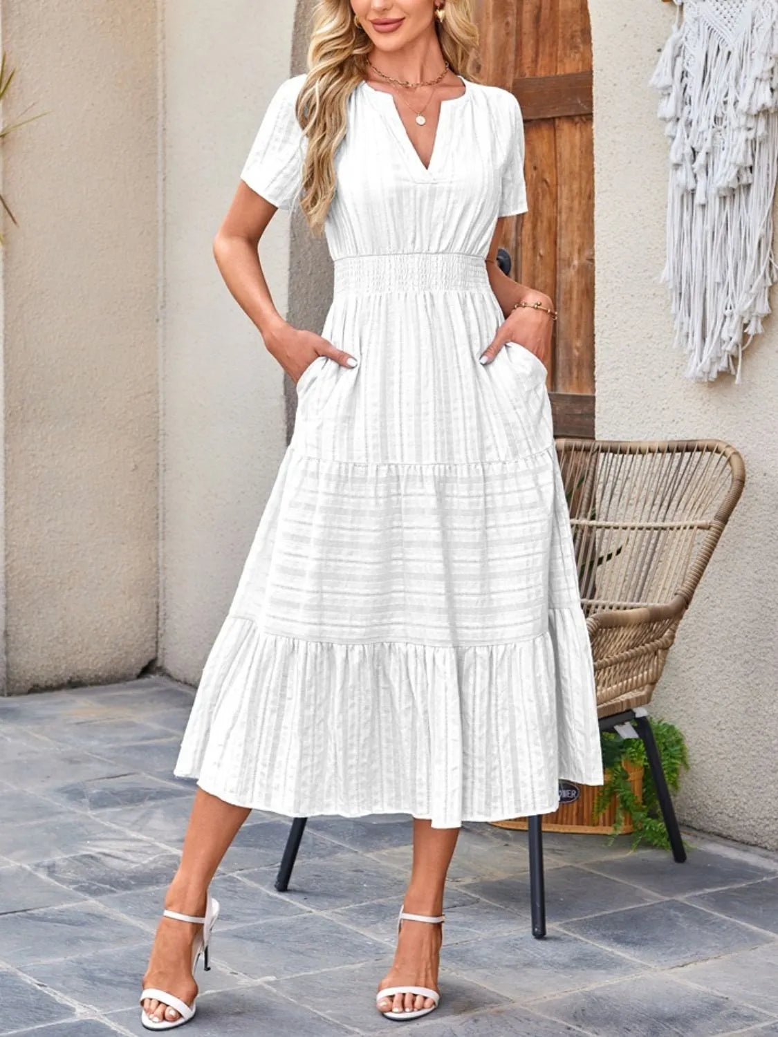 Tiered Notched Short Sleeve Dress - Ramm Clothing Ink