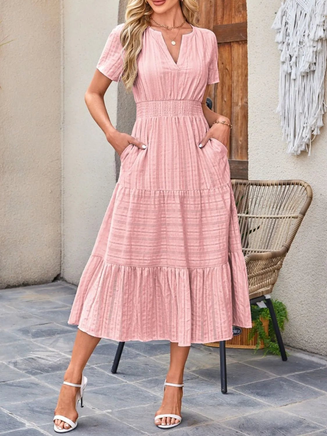 Tiered Notched Short Sleeve Dress - Ramm Clothing Ink