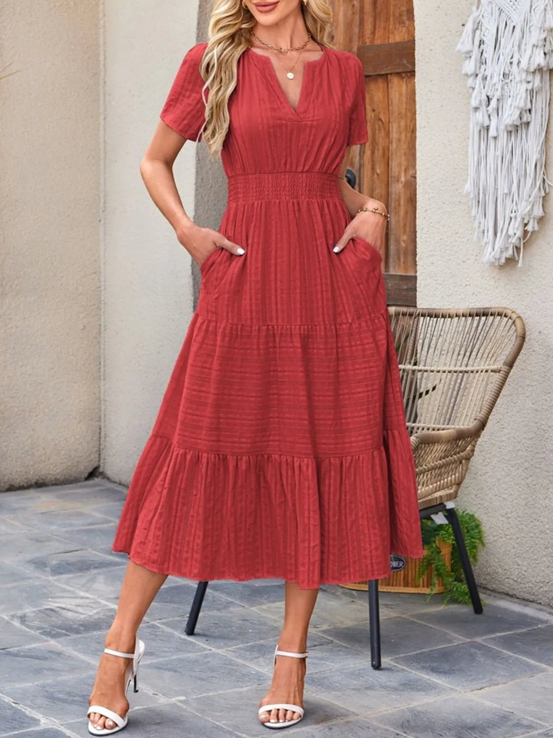 Tiered Notched Short Sleeve Dress - Ramm Clothing Ink