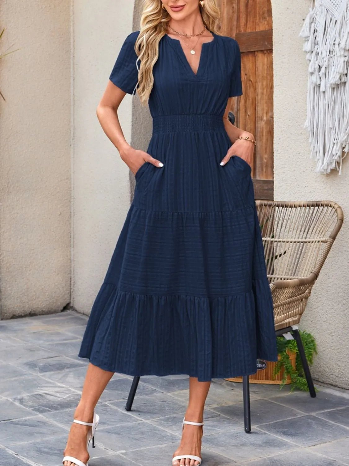 Tiered Notched Short Sleeve Dress - Ramm Clothing Ink