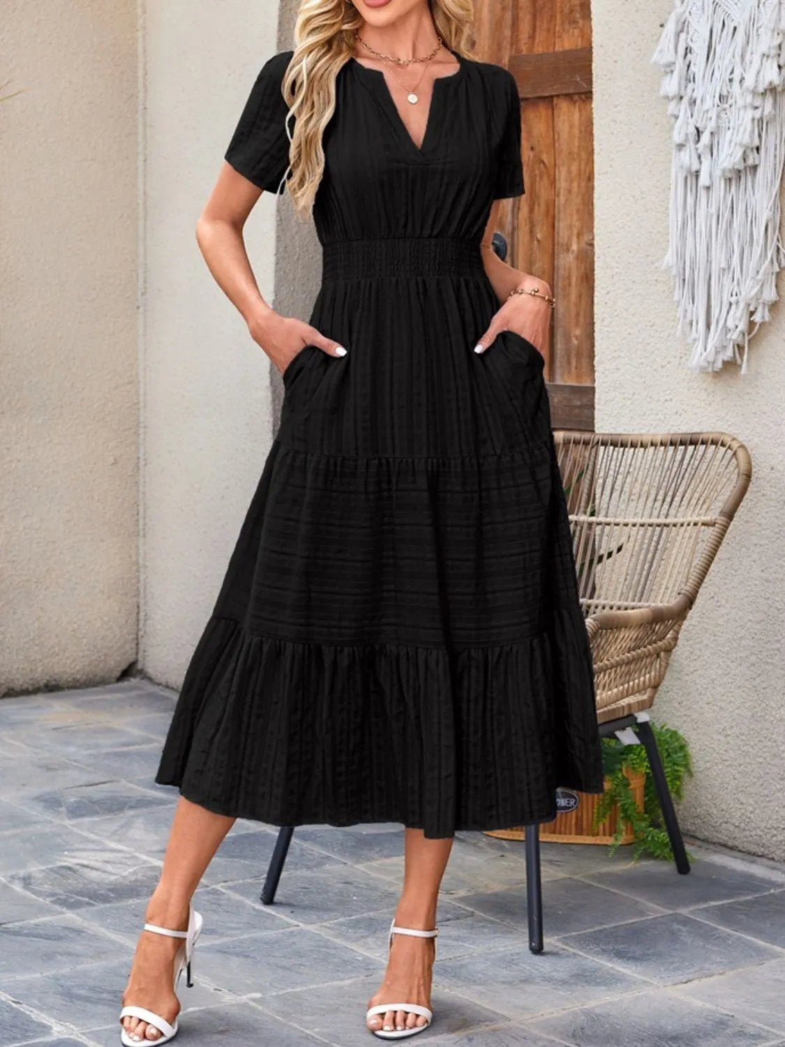 Tiered Notched Short Sleeve Dress - Ramm Clothing Ink