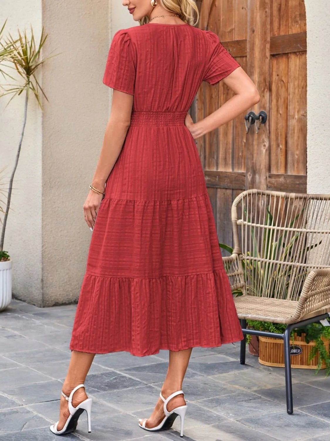 Tiered Notched Short Sleeve Dress - Ramm Clothing Ink