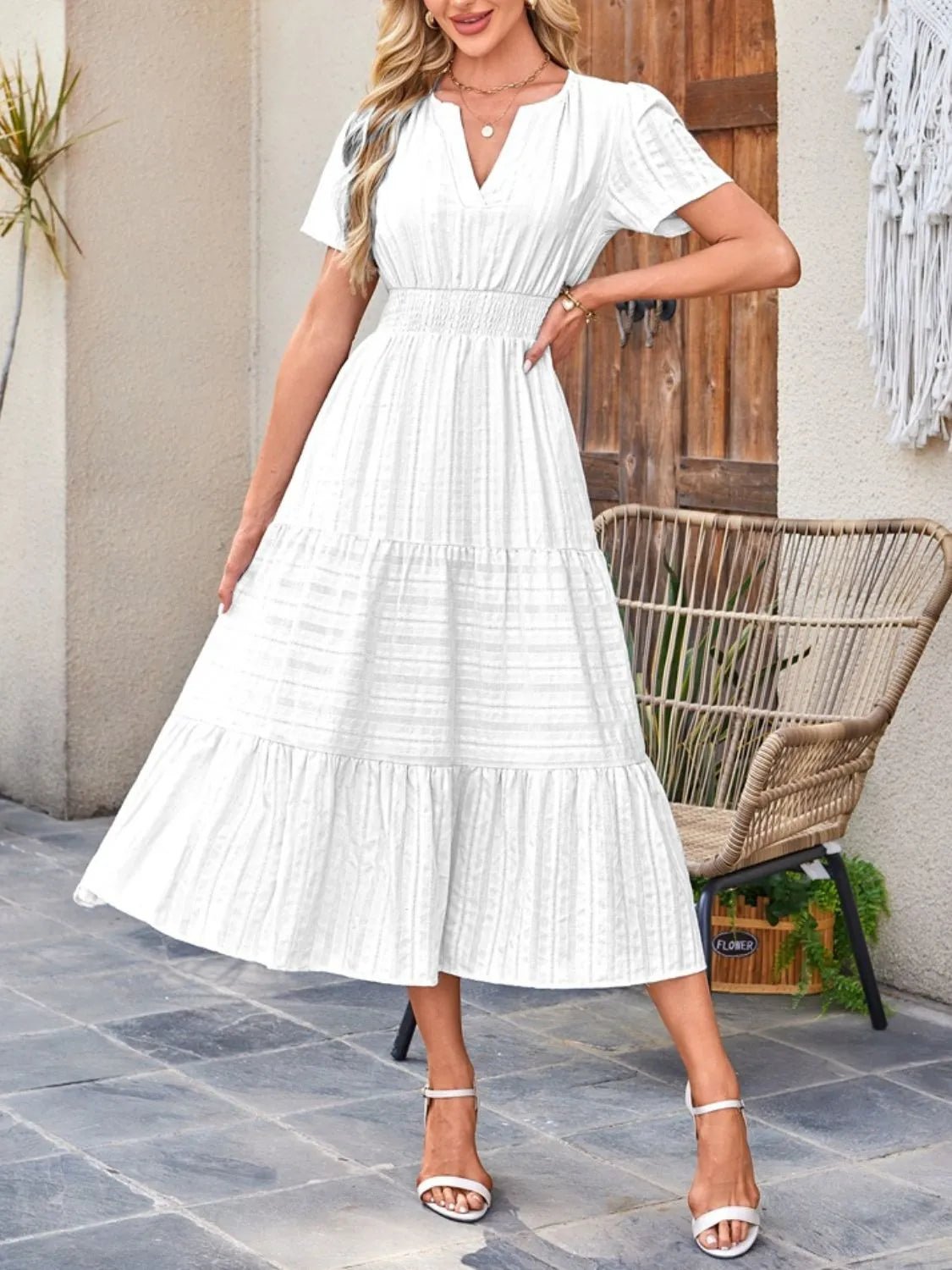 Tiered Notched Short Sleeve Dress - Ramm Clothing Ink