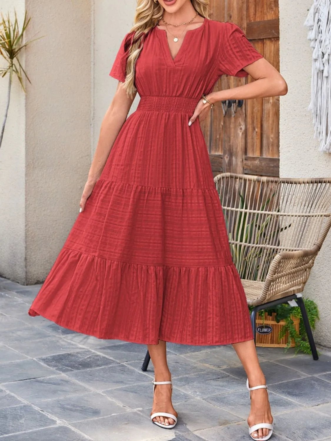 Tiered Notched Short Sleeve Dress - Ramm Clothing Ink