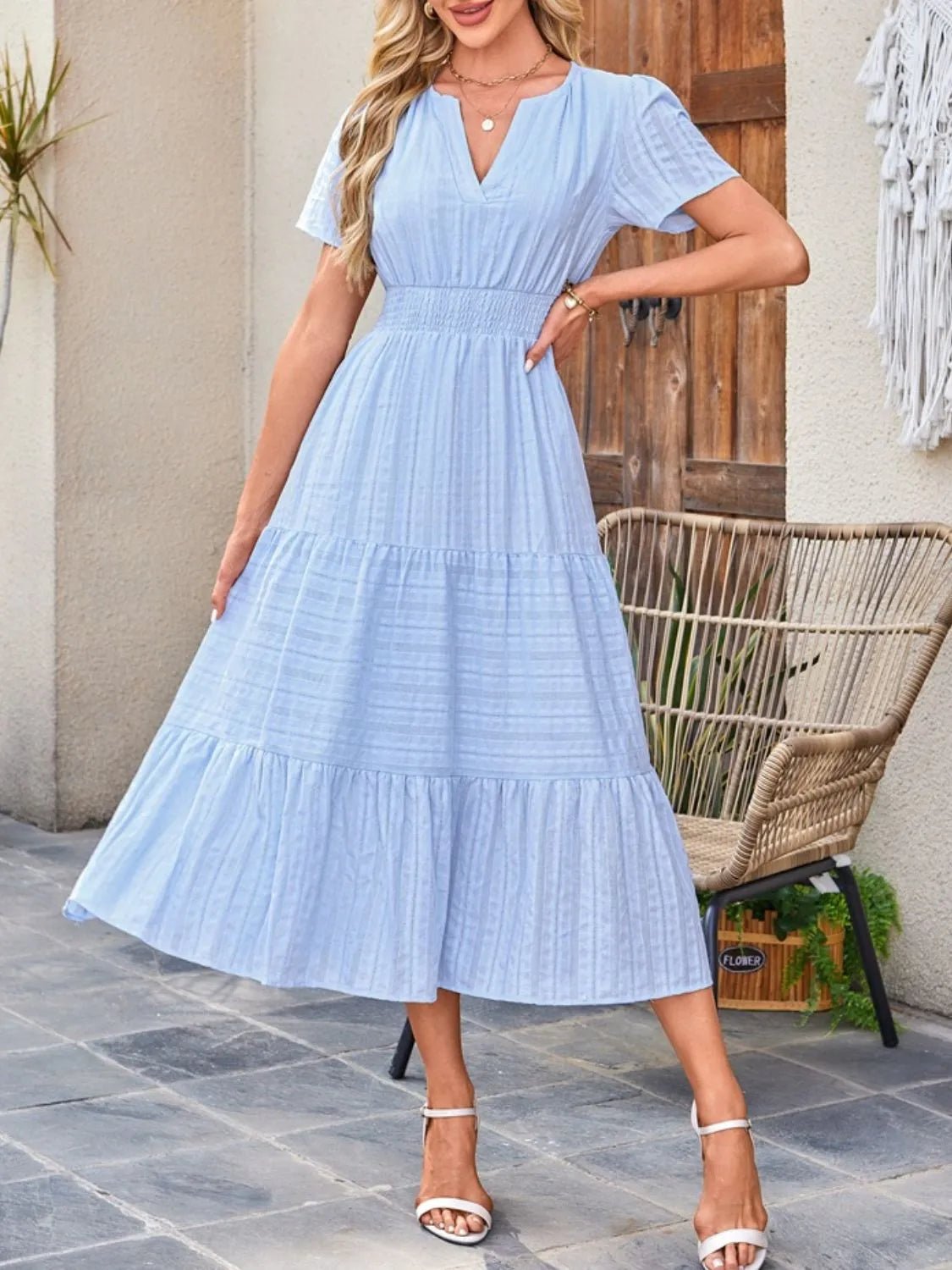Tiered Notched Short Sleeve Dress - Ramm Clothing Ink