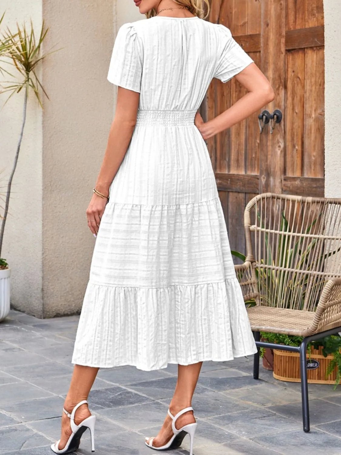 Tiered Notched Short Sleeve Dress - Ramm Clothing Ink