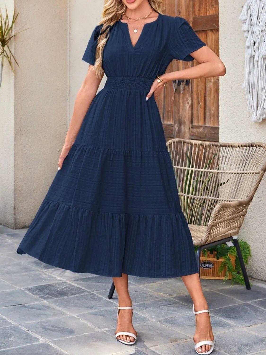 Tiered Notched Short Sleeve Dress - Ramm Clothing Ink