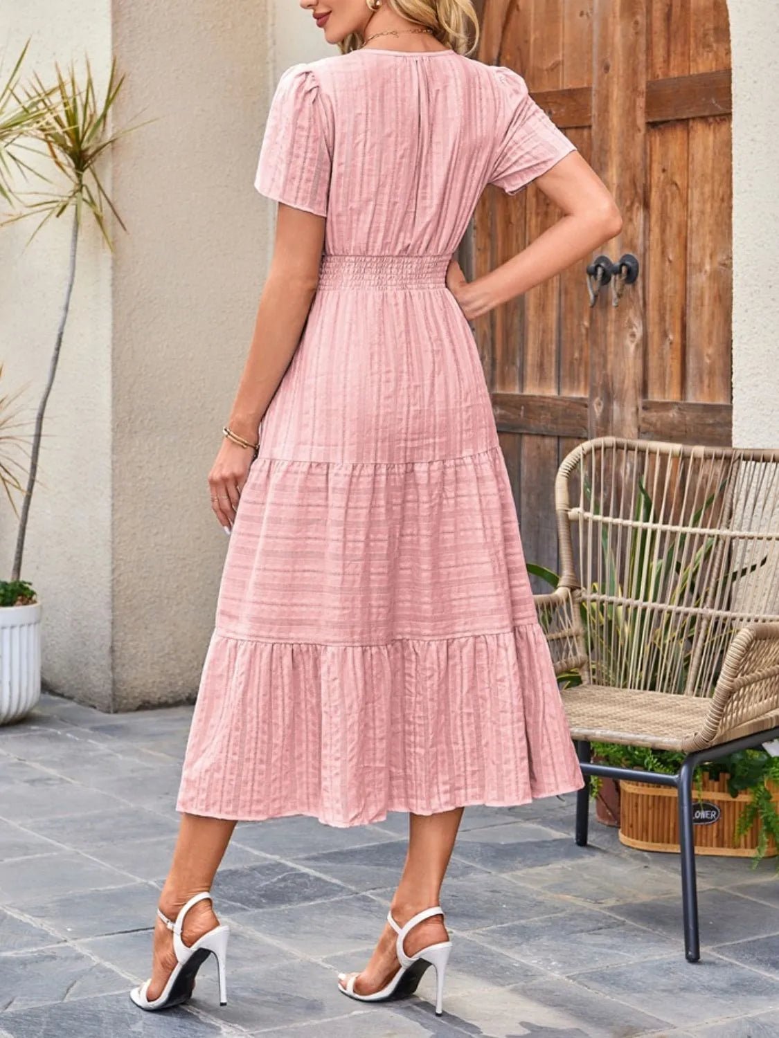Tiered Notched Short Sleeve Dress - Ramm Clothing Ink