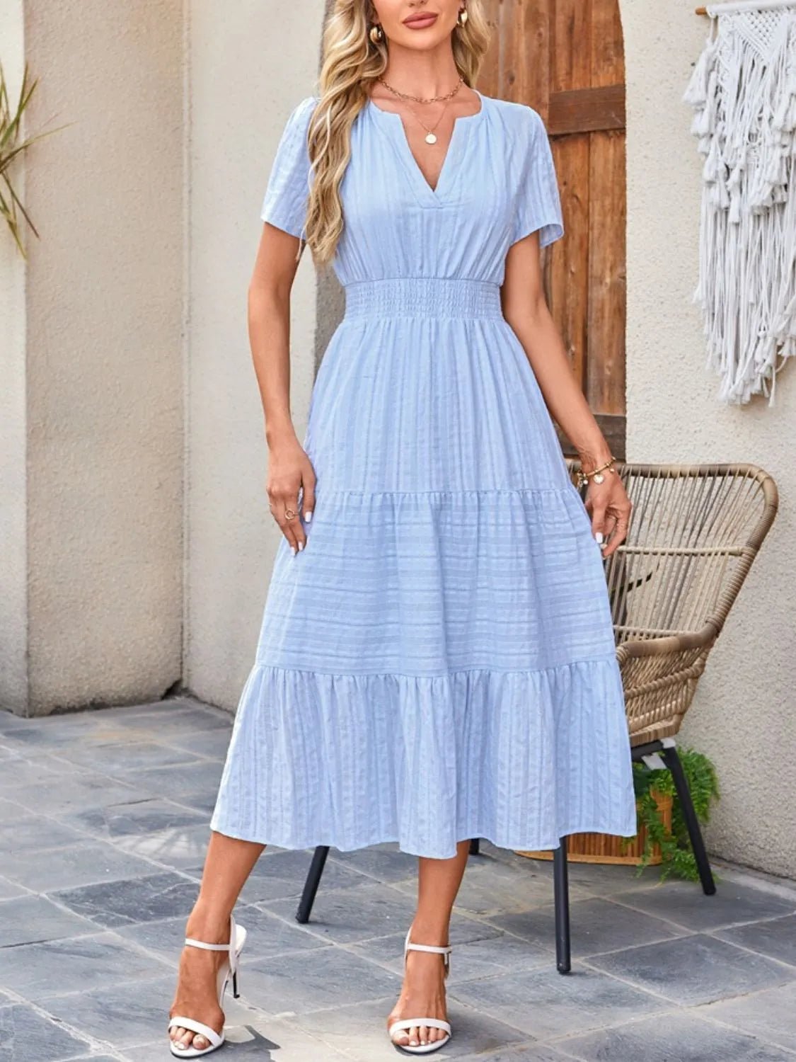 Tiered Notched Short Sleeve Dress - Ramm Clothing Ink