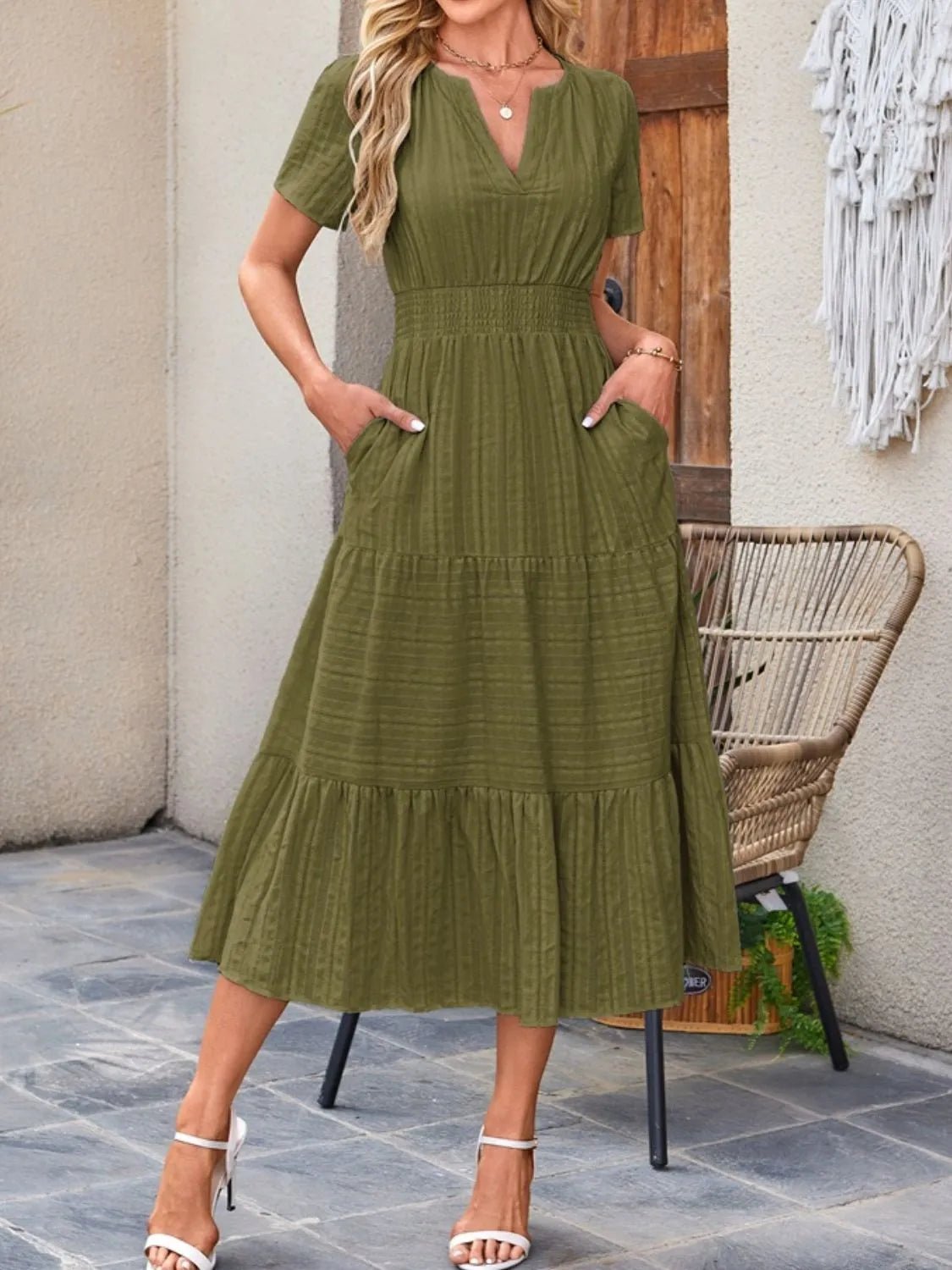 Tiered Notched Short Sleeve Dress - Ramm Clothing Ink
