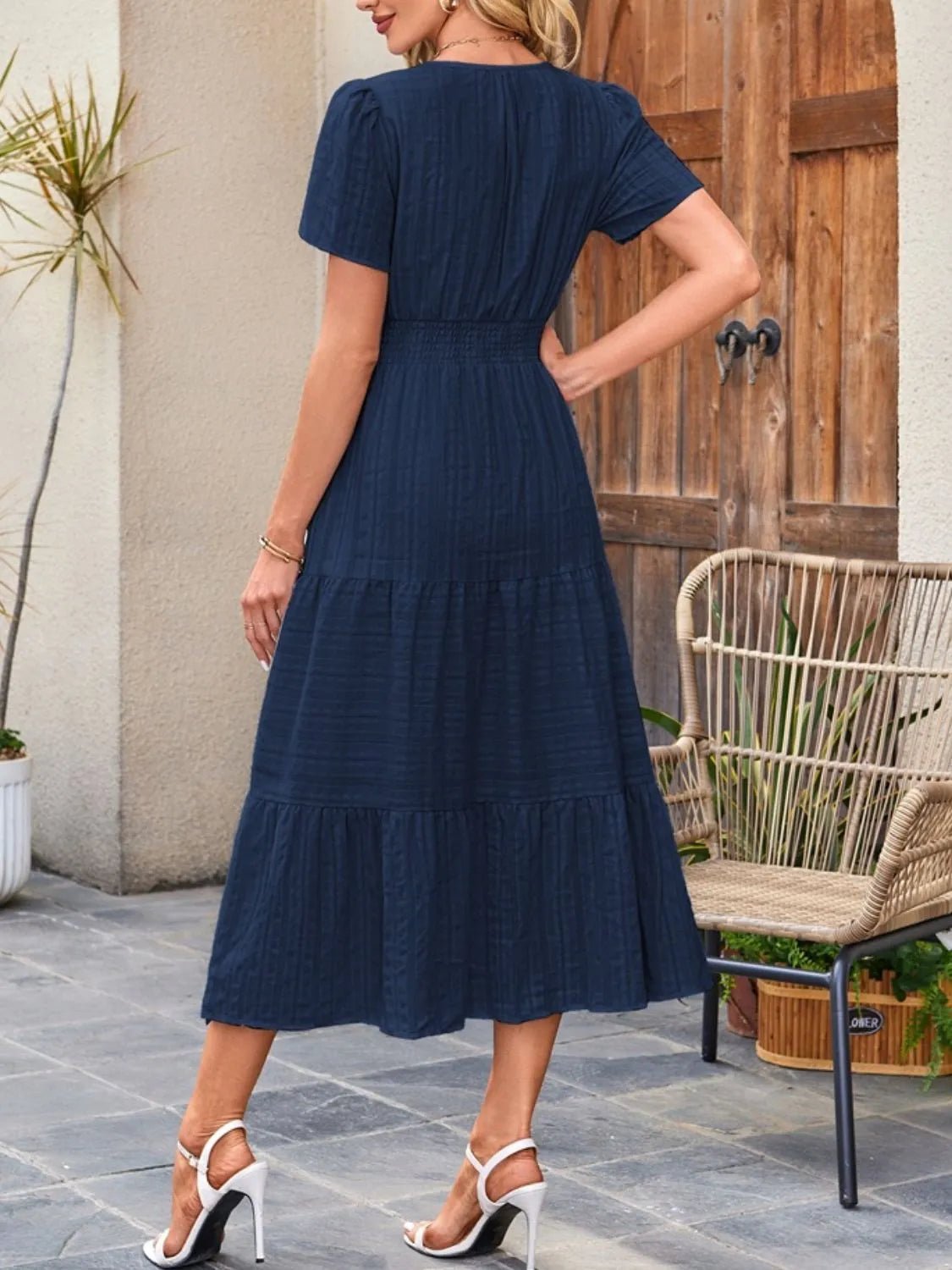Tiered Notched Short Sleeve Dress - Ramm Clothing Ink