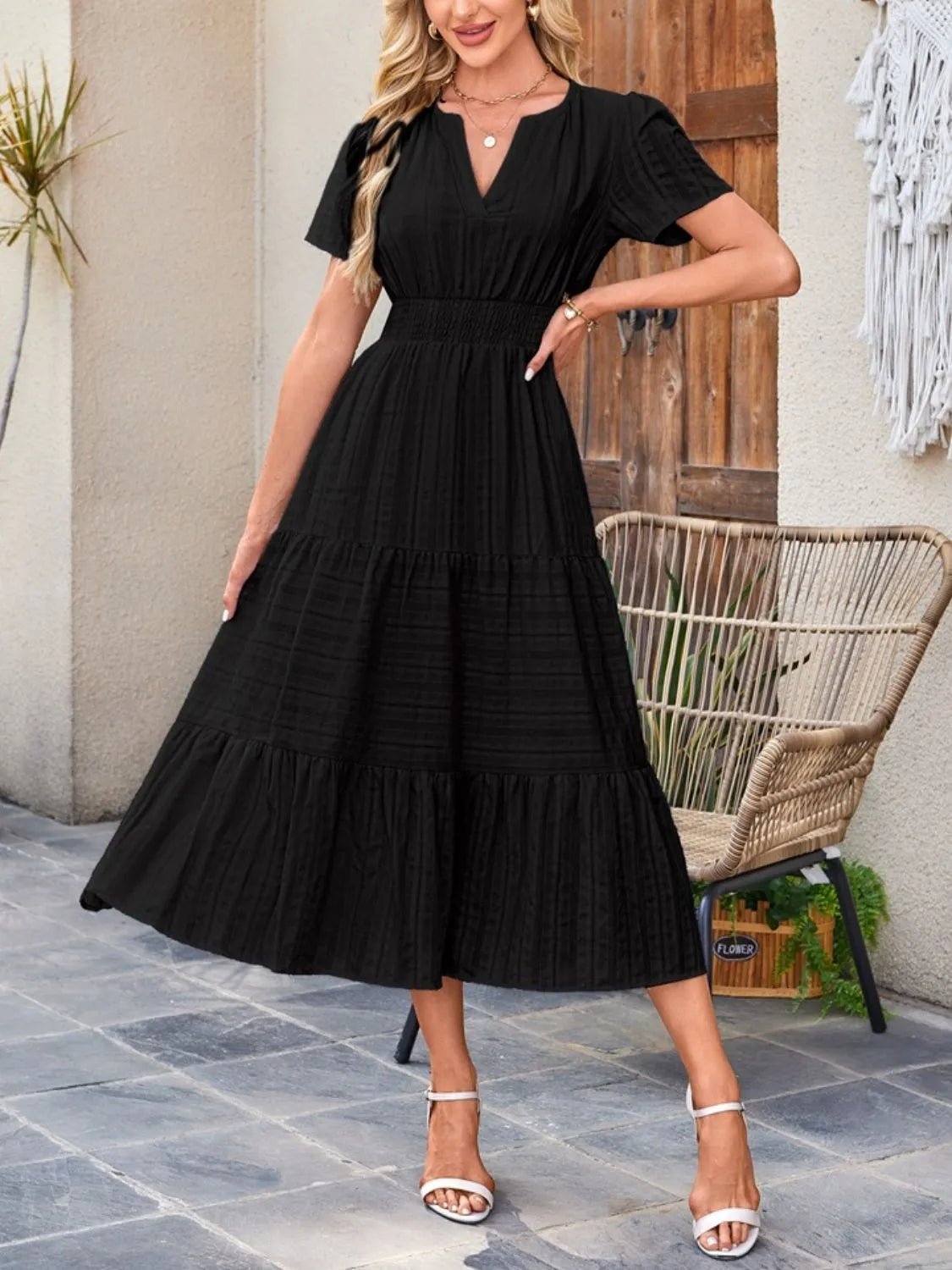 Tiered Notched Short Sleeve Dress - Ramm Clothing Ink