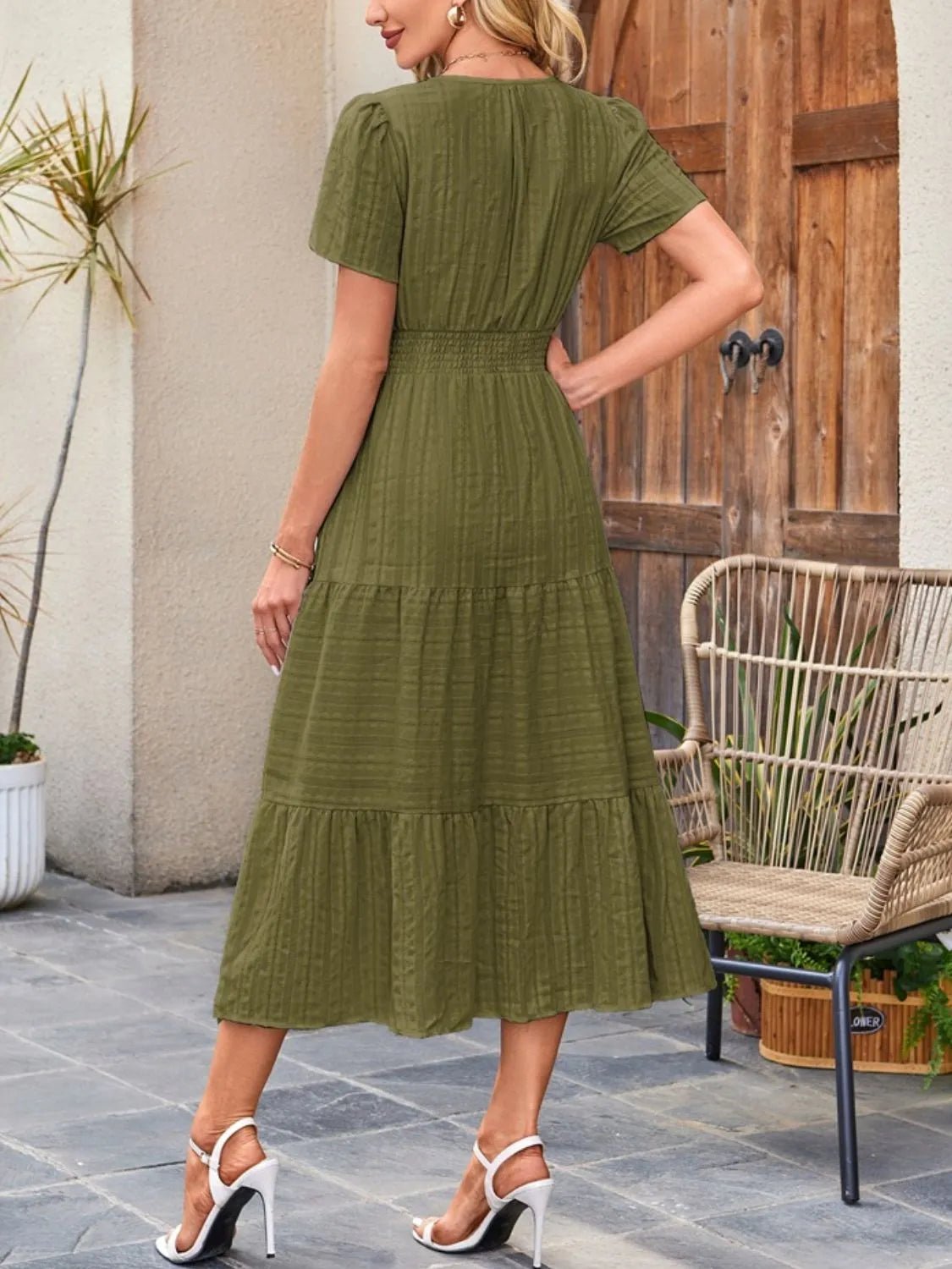 Tiered Notched Short Sleeve Dress - Ramm Clothing Ink