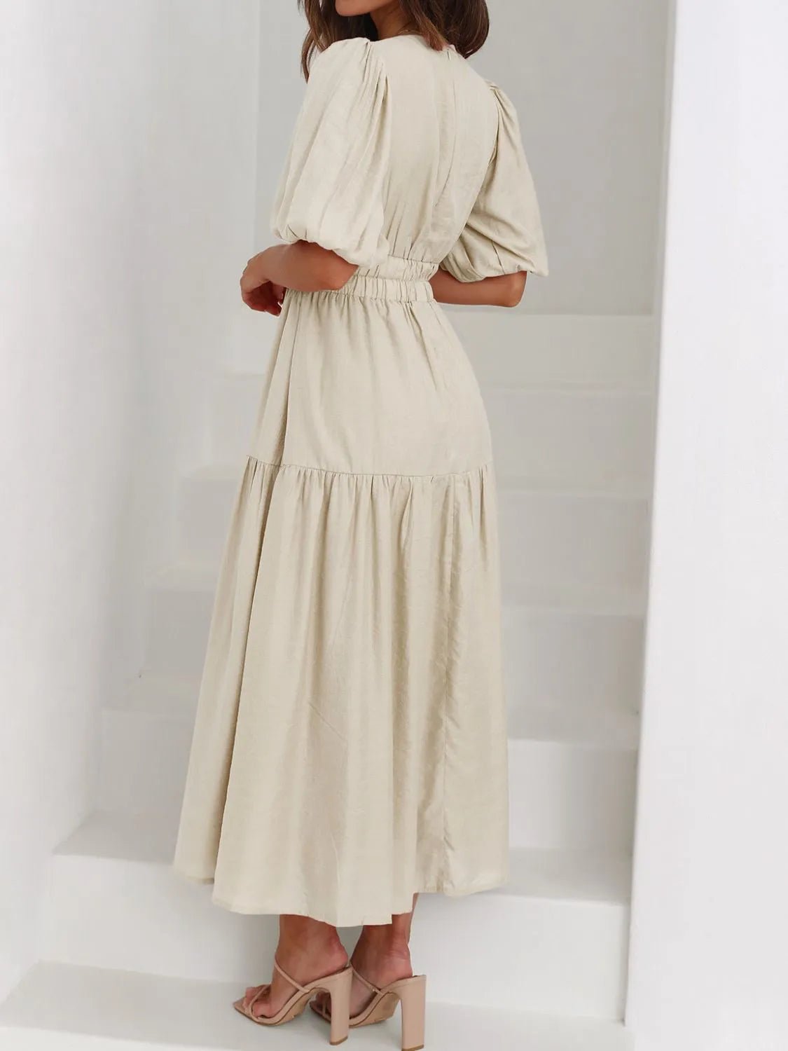 V - Neck Puff Sleeve Midi Dress - Ramm Clothing Ink