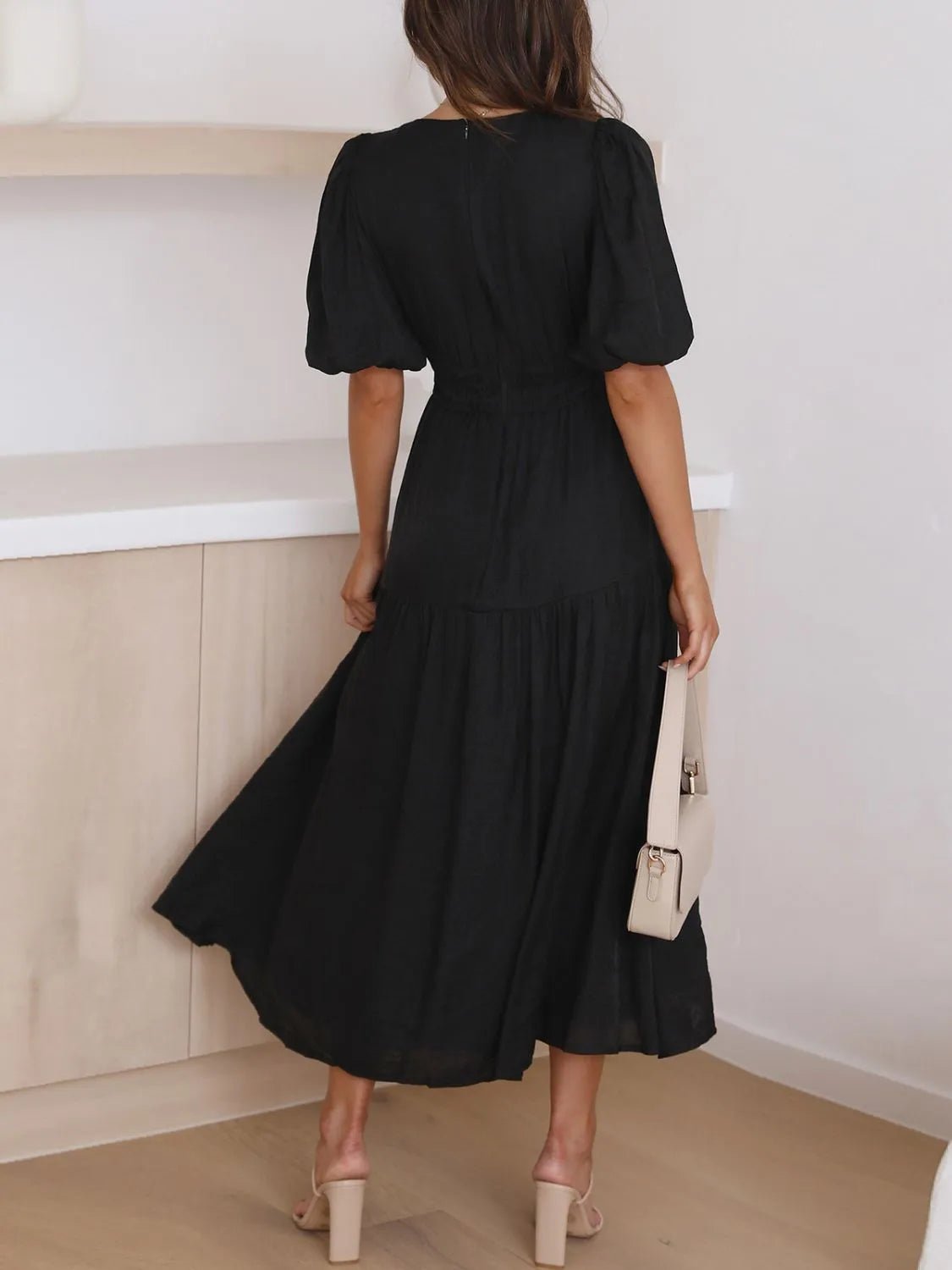 V - Neck Puff Sleeve Midi Dress - Ramm Clothing Ink