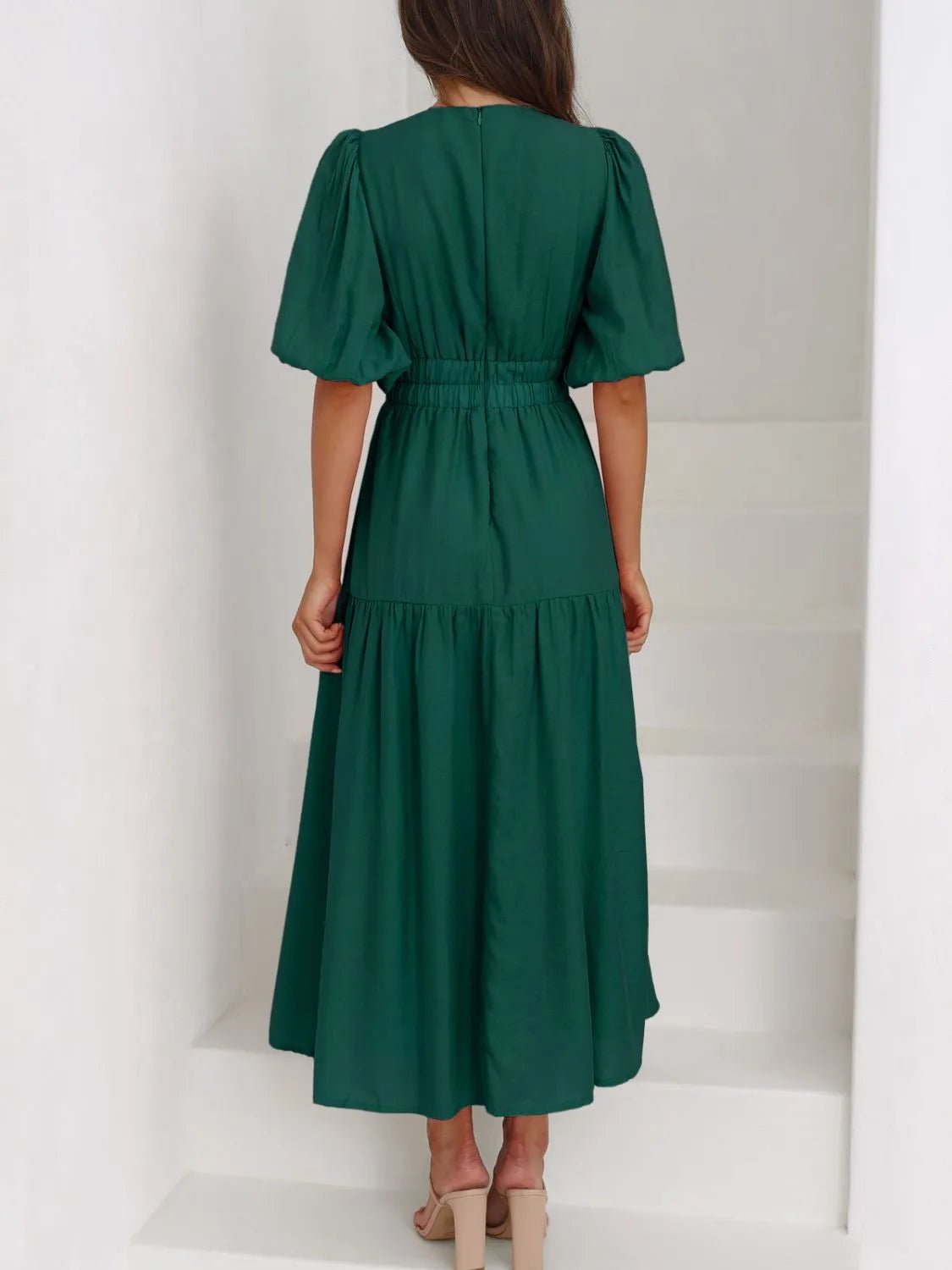 V - Neck Puff Sleeve Midi Dress - Ramm Clothing Ink