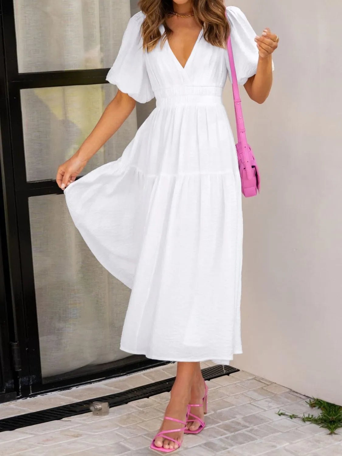 V - Neck Puff Sleeve Midi Dress - Ramm Clothing Ink