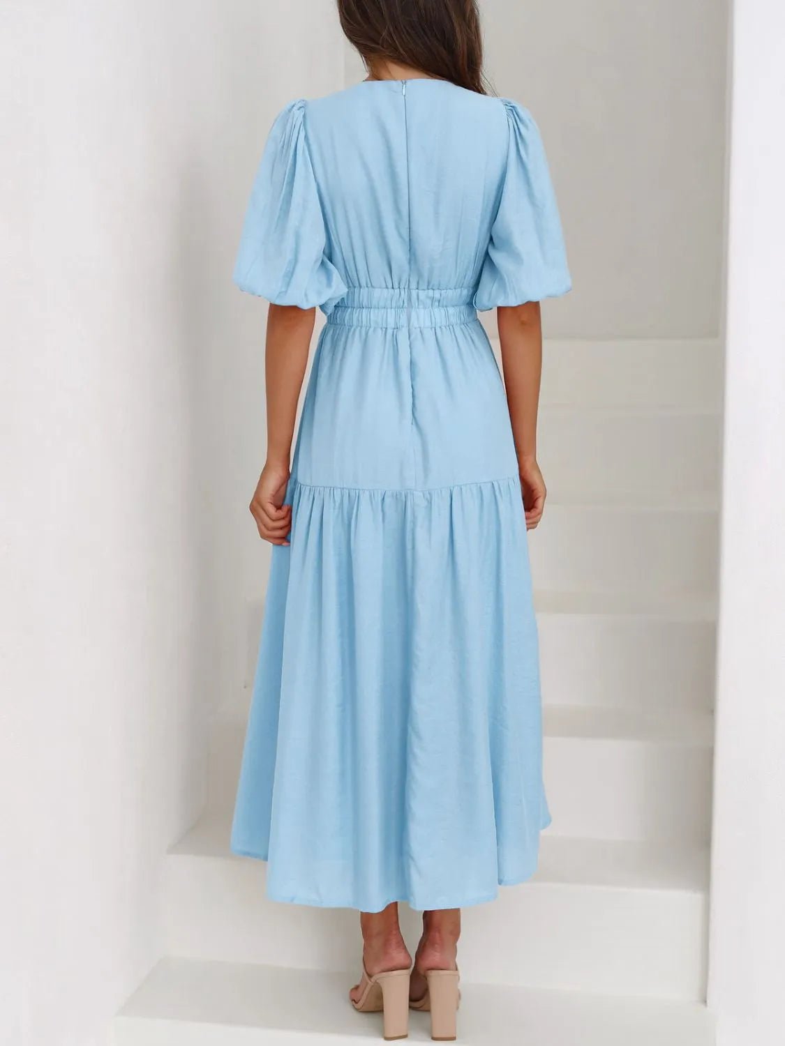 V - Neck Puff Sleeve Midi Dress - Ramm Clothing Ink