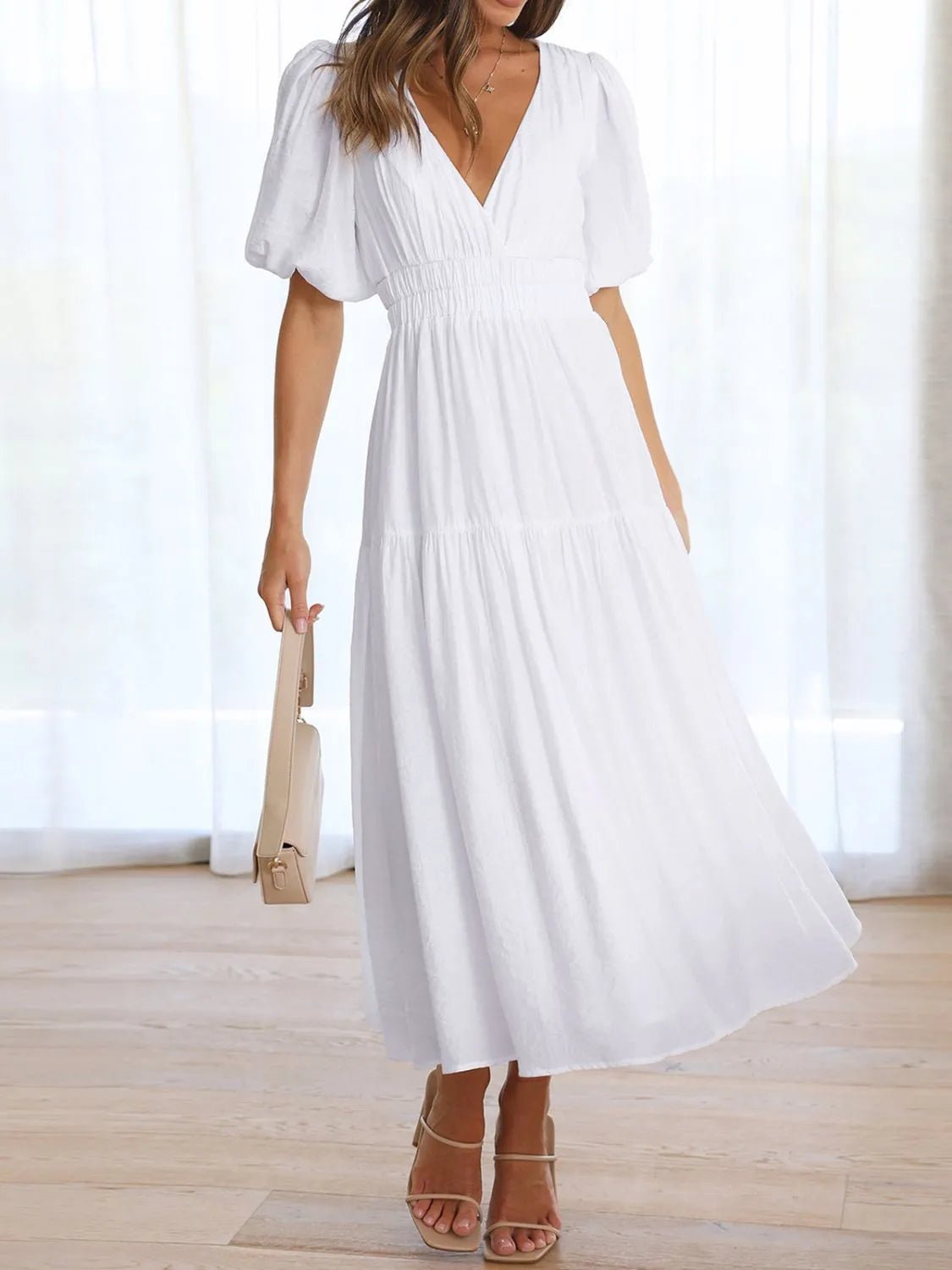 V - Neck Puff Sleeve Midi Dress - Ramm Clothing Ink