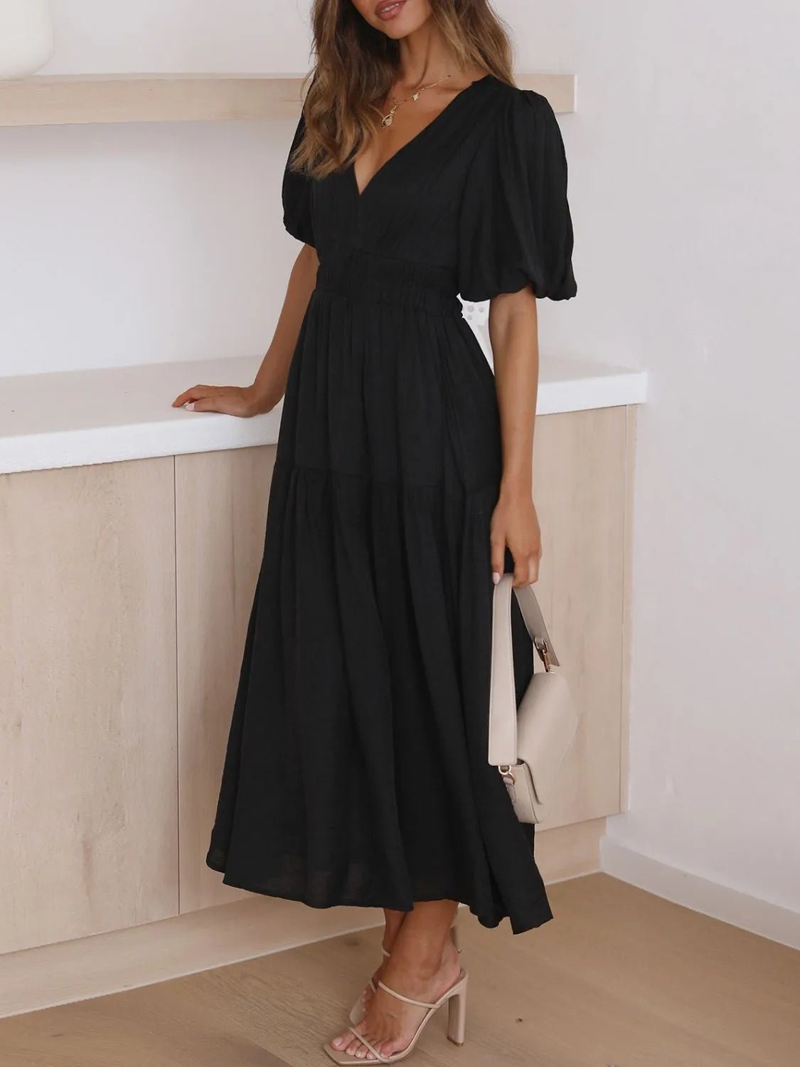V - Neck Puff Sleeve Midi Dress - Ramm Clothing Ink