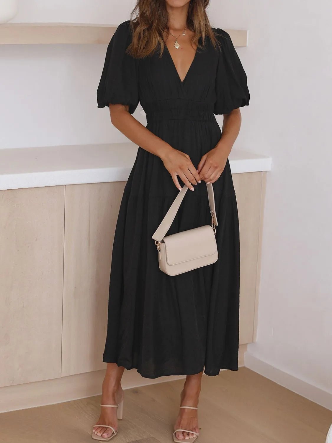 V - Neck Puff Sleeve Midi Dress - Ramm Clothing Ink