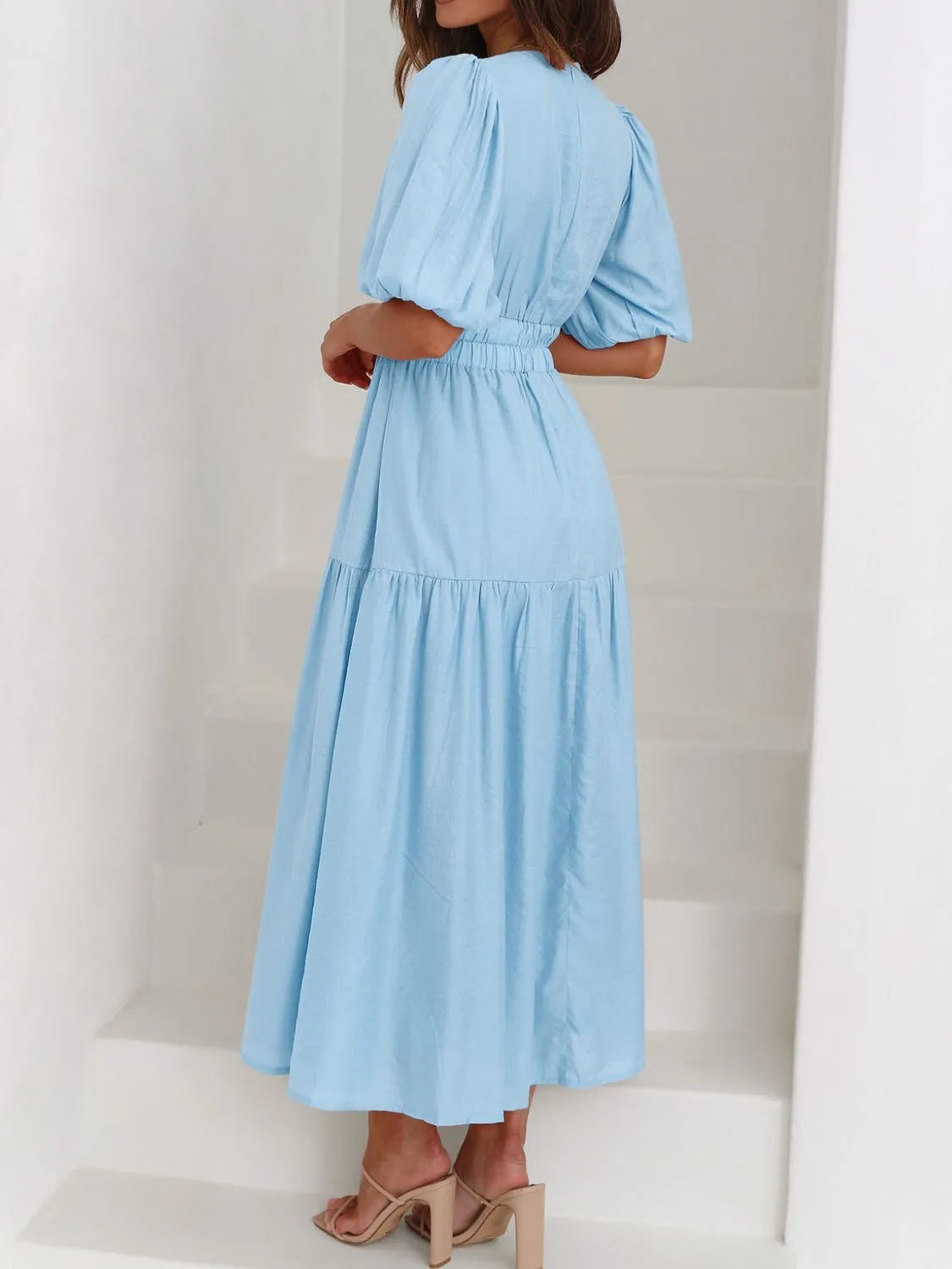 V - Neck Puff Sleeve Midi Dress - Ramm Clothing Ink
