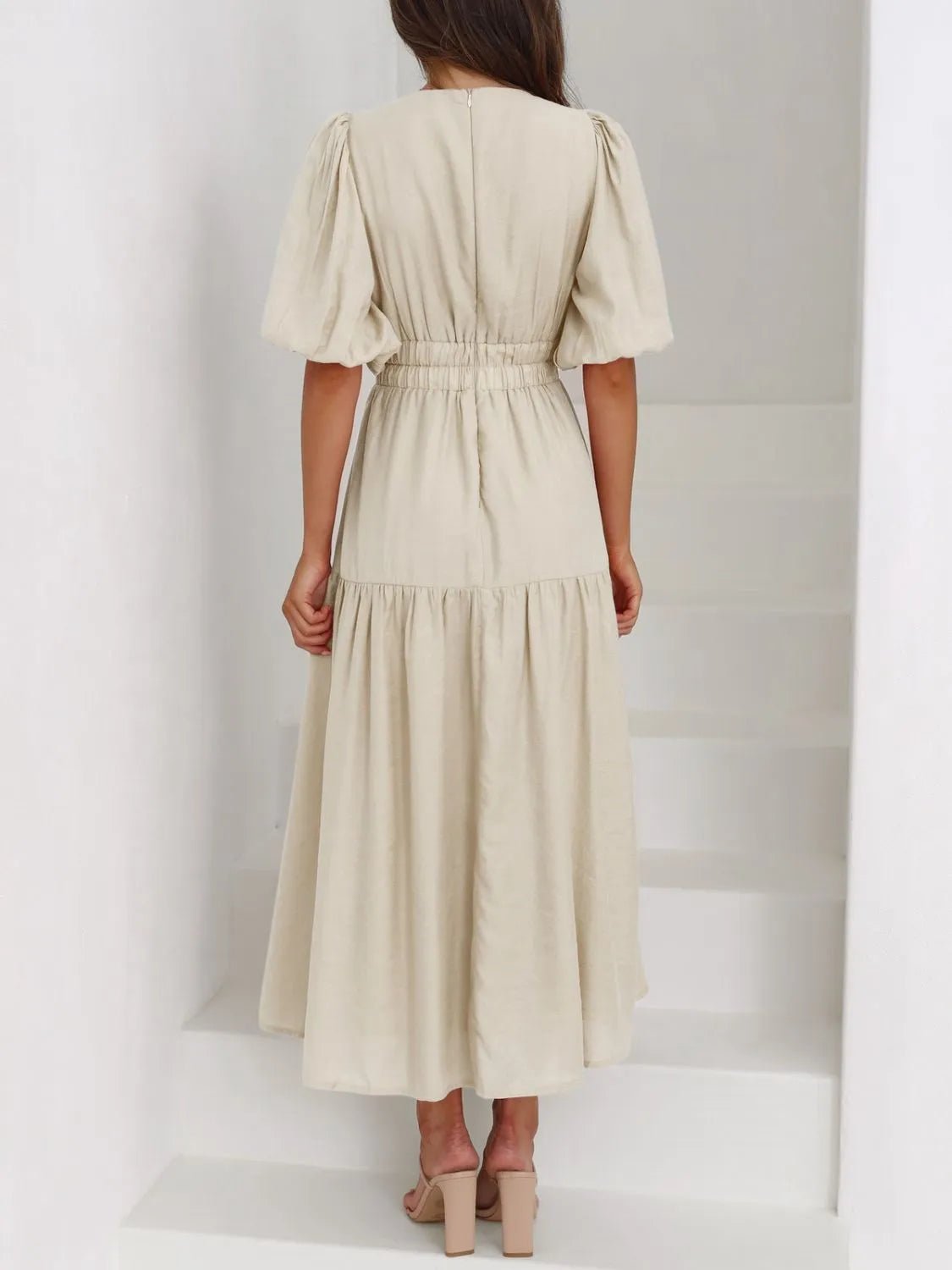 V - Neck Puff Sleeve Midi Dress - Ramm Clothing Ink