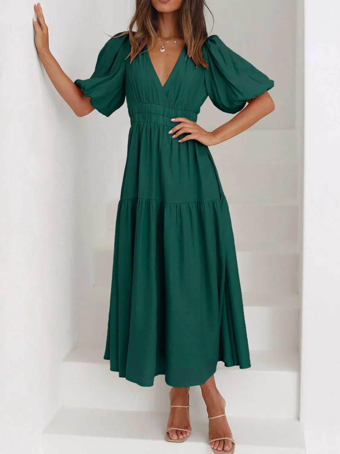 V - Neck Puff Sleeve Midi Dress - Ramm Clothing Ink